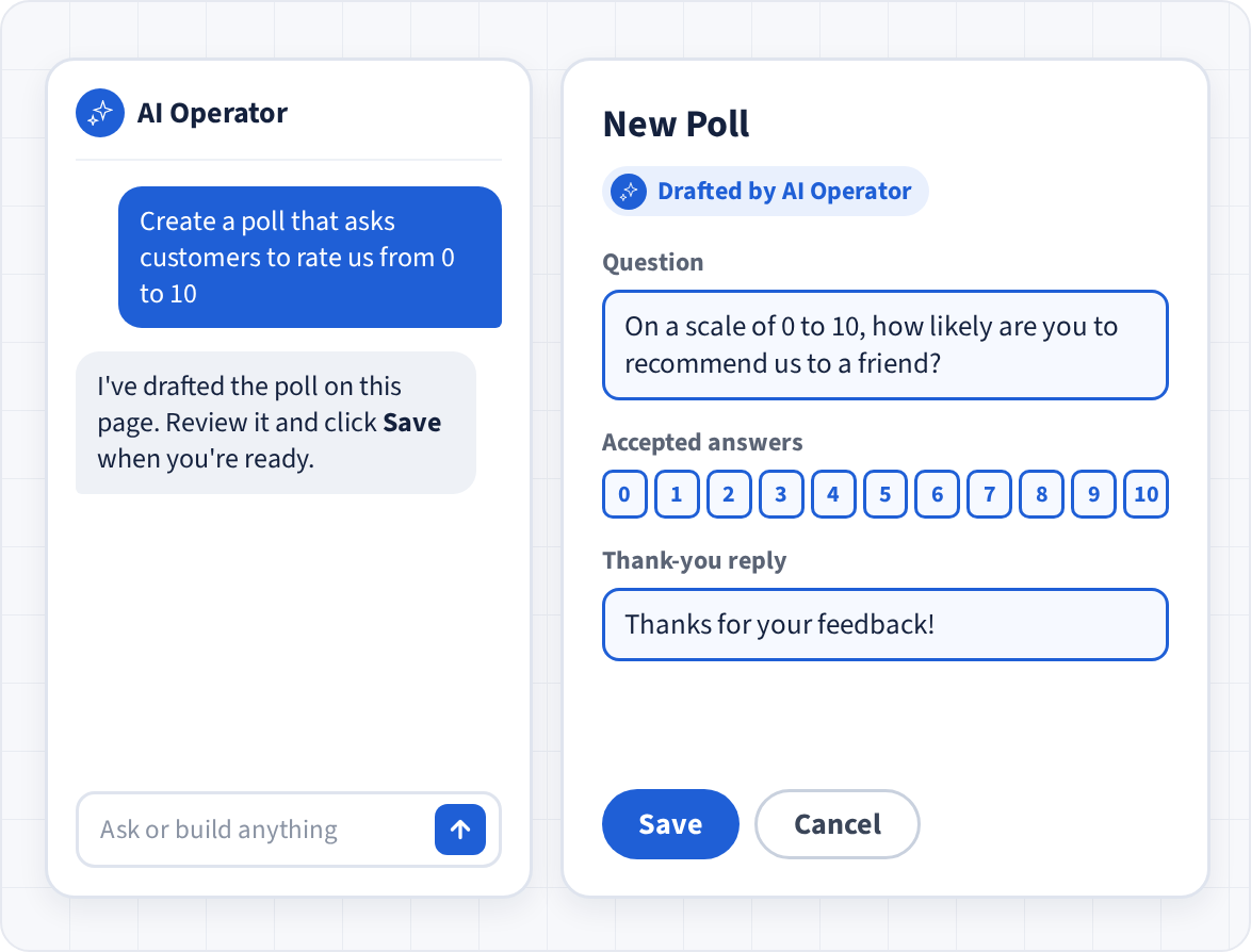 The AI Operator panel drafting a 0 to 10 rating poll on the page for the user to review and save