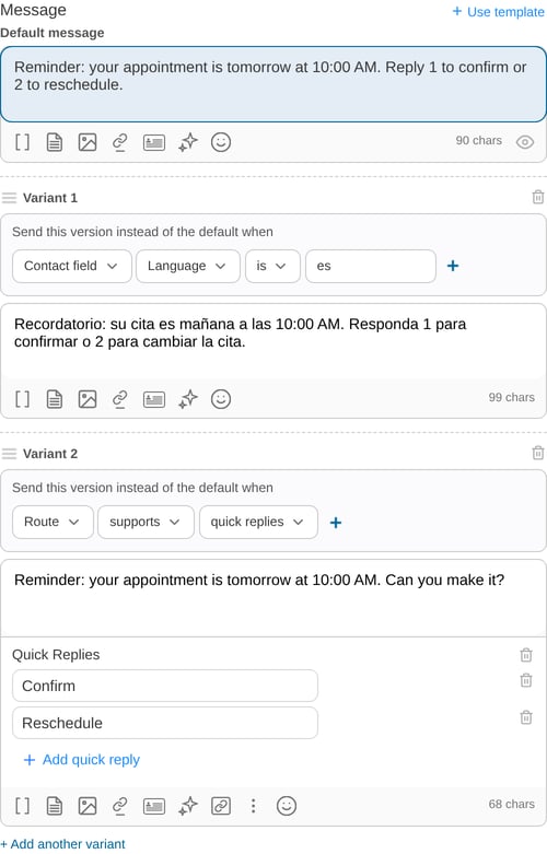 A message with a default version, a Spanish variant for contacts whose Language is es, and a variant with Confirm and Reschedule quick replies for routes that support quick replies