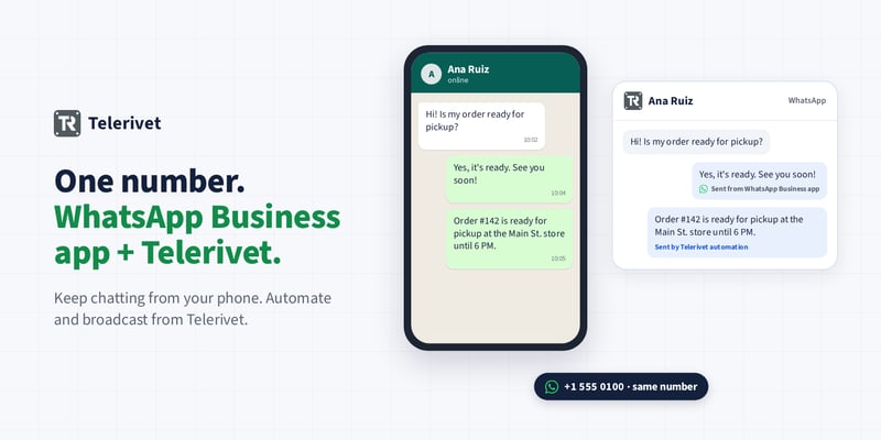 A WhatsApp Business app chat on a phone, and the same conversation in Telerivet, showing a reply sent from the app and an automated message sent by Telerivet, all on one phone number