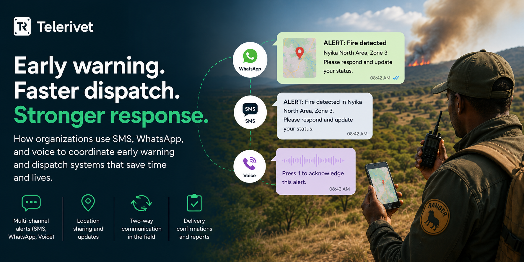 early warning and dispatch with telerivet sms whatsapp