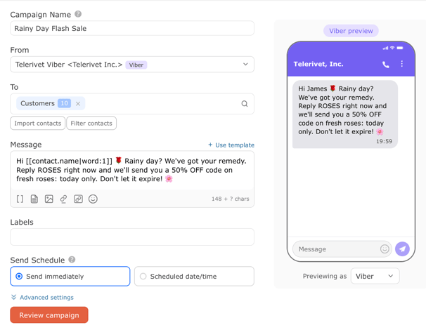 message broadcast campaign with telerivet viber