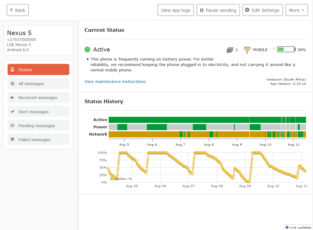 telerivet app dashboard