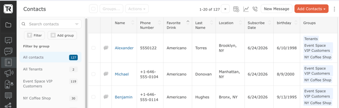 telerivet contact list