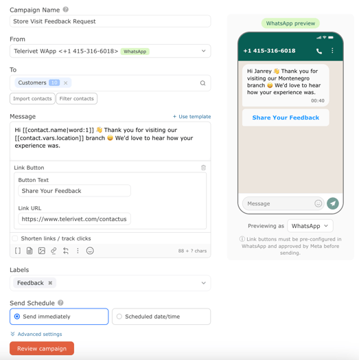 telerivet whatsapp feedback request campaign